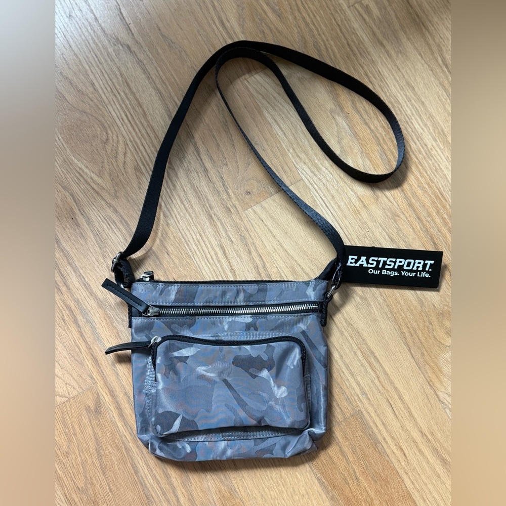 Eastsport Crossbody/Shoulder Bag, Gray Camo, Black Strap, Multi Pockets, 9x7x1